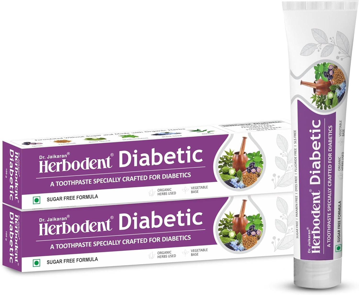 Herbodent® Diabetic Toothpaste 3.53 oz Pack of 2 SLS-Free Sugar-Free Containing Jamun, Fenugreek, Bitter Gourd, and More Herbs